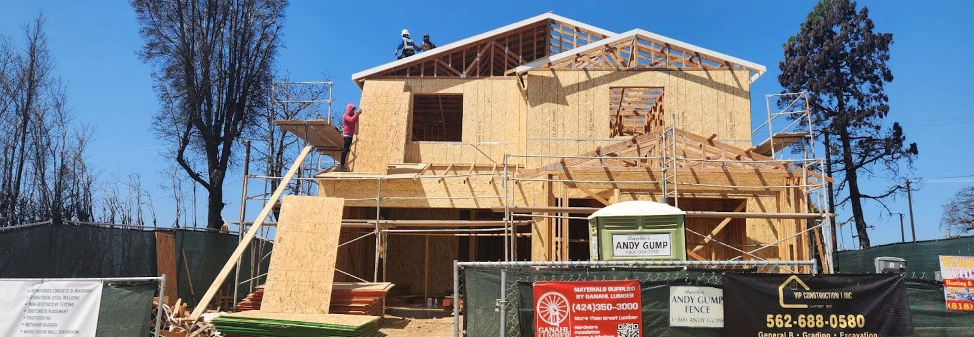 The frame of a home being rebuilt in the Palisades, one of many under construction.